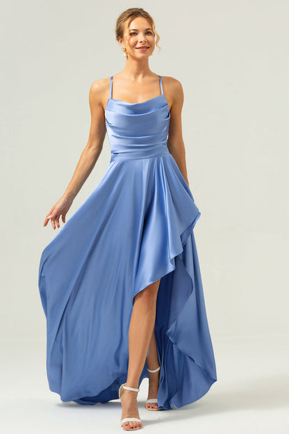 Blue Asymmetrical Cowl Neck Satin Bridesmaid Dress with Slit