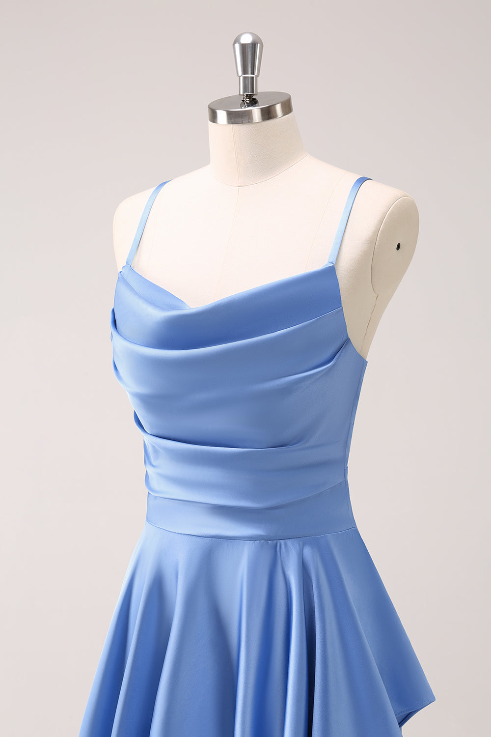 Blue Cowl Neck Satin Asymmetrical Bridesmaid Dress with Slit