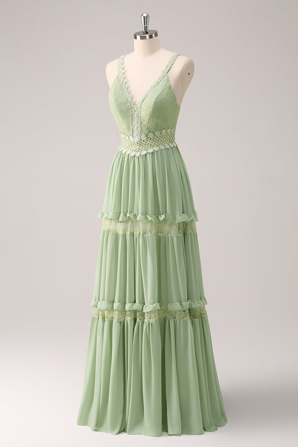 Green Ruffled Floral Bridesmaid Dress with Lace