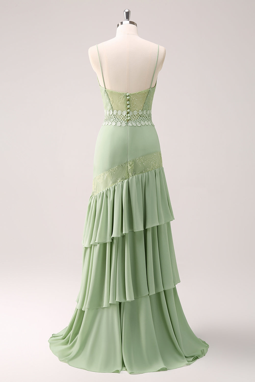 Sheath Green Floral Ruffled Chiffon Bridesmaid Dress with Lace