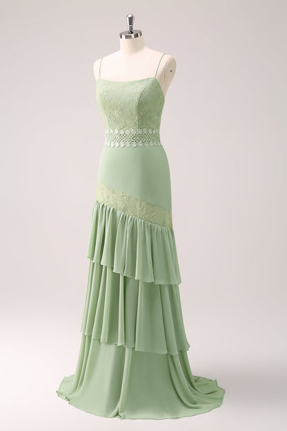 Sheath Green Floral Ruffled Chiffon Bridesmaid Dress with Lace