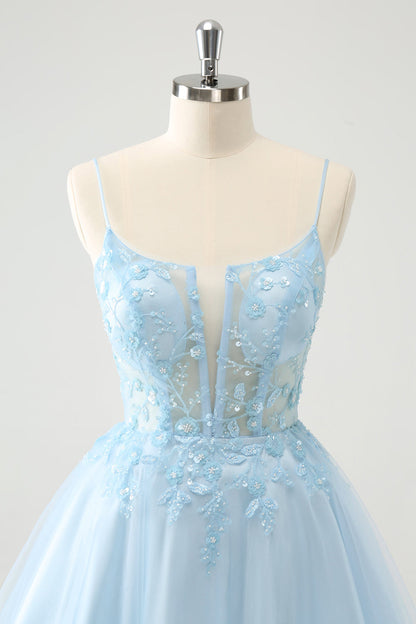 Cute Glitter Blue A Line Beaded Corset Tulle Homecoming Dress with Appliques