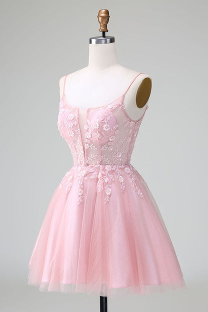 Princess Blush A Line Spaghetti Straps Tulle Short Homecoming Dress with Appliques