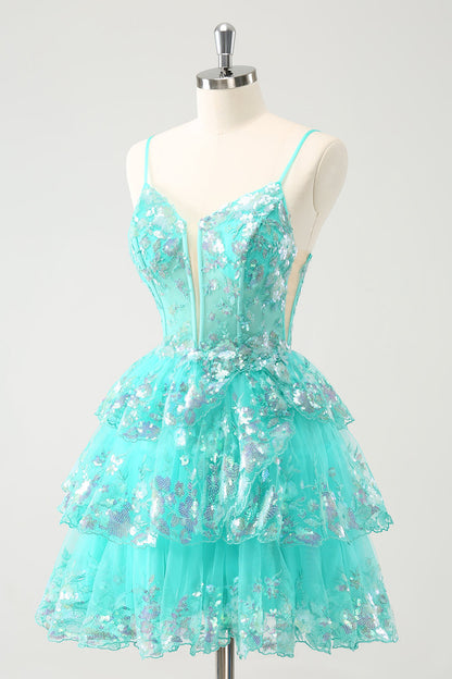 Cute Sparkly A-Line Green Spaghetti Straps Tiered Homecoming Dress with Sequins