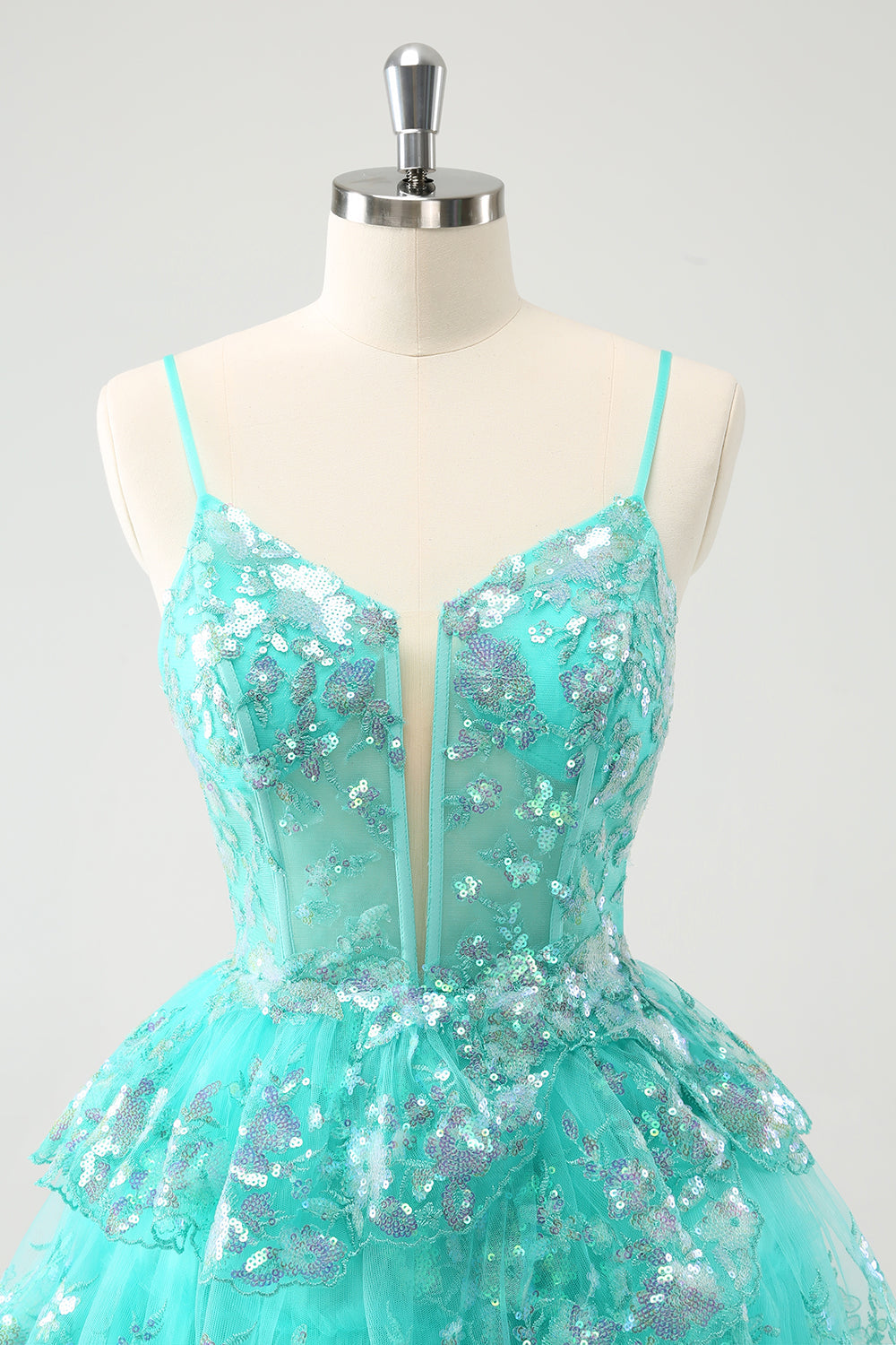 Cute Sparkly A-Line Green Spaghetti Straps Tiered Homecoming Dress with Sequins