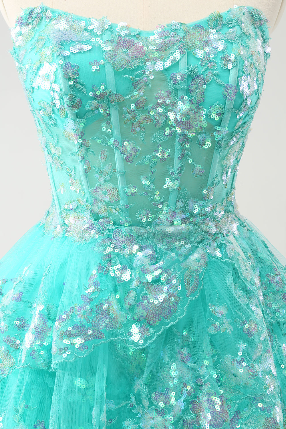 Cute Glitter Green A Line Strapless Sequined Tiered Corset Homecoming Dress