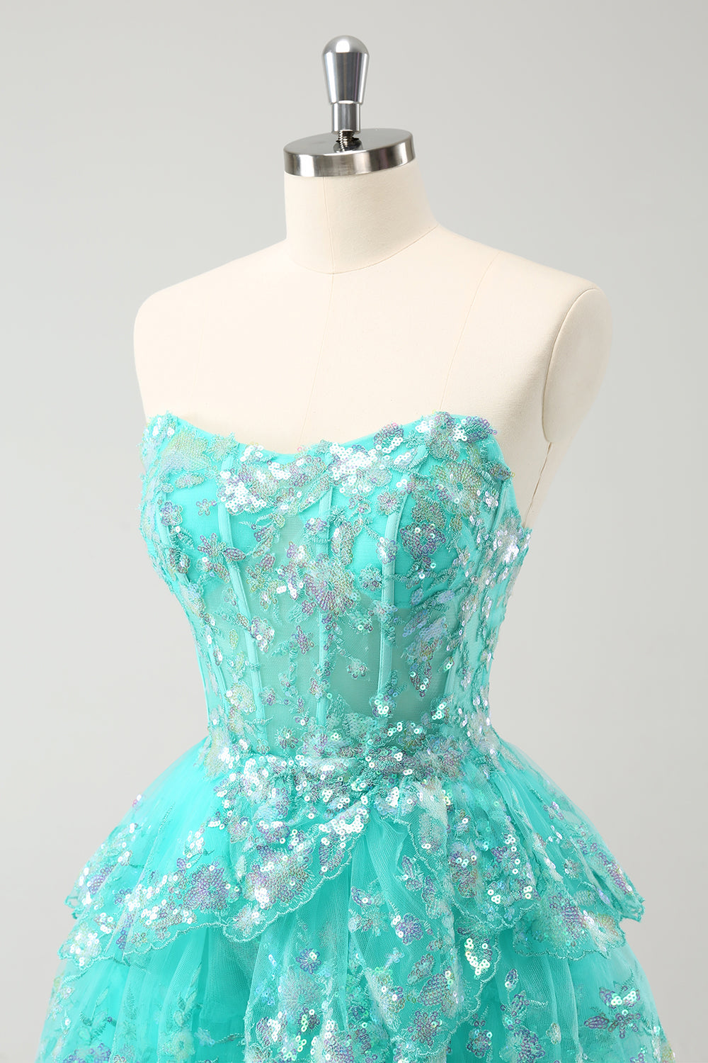 Cute Glitter Green A Line Strapless Sequined Tiered Corset Homecoming Dress