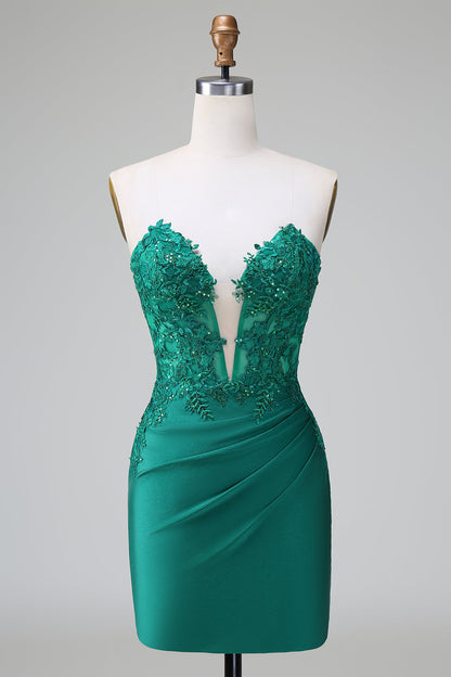 Dark Green Tight Deep V Neck Satin Strapless Short Homecoming Dress with Appliques