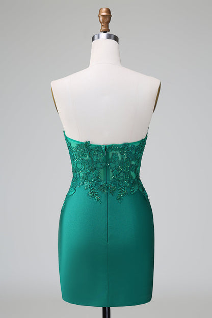 Dark Green Tight Deep V Neck Satin Strapless Short Homecoming Dress with Appliques