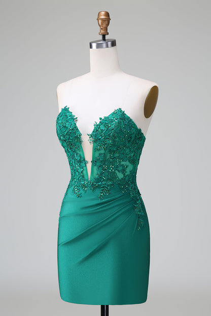 Dark Green Tight Deep V Neck Satin Strapless Short Homecoming Dress with Appliques