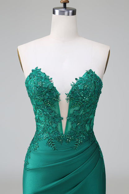 Dark Green Tight Deep V Neck Satin Strapless Short Homecoming Dress with Appliques