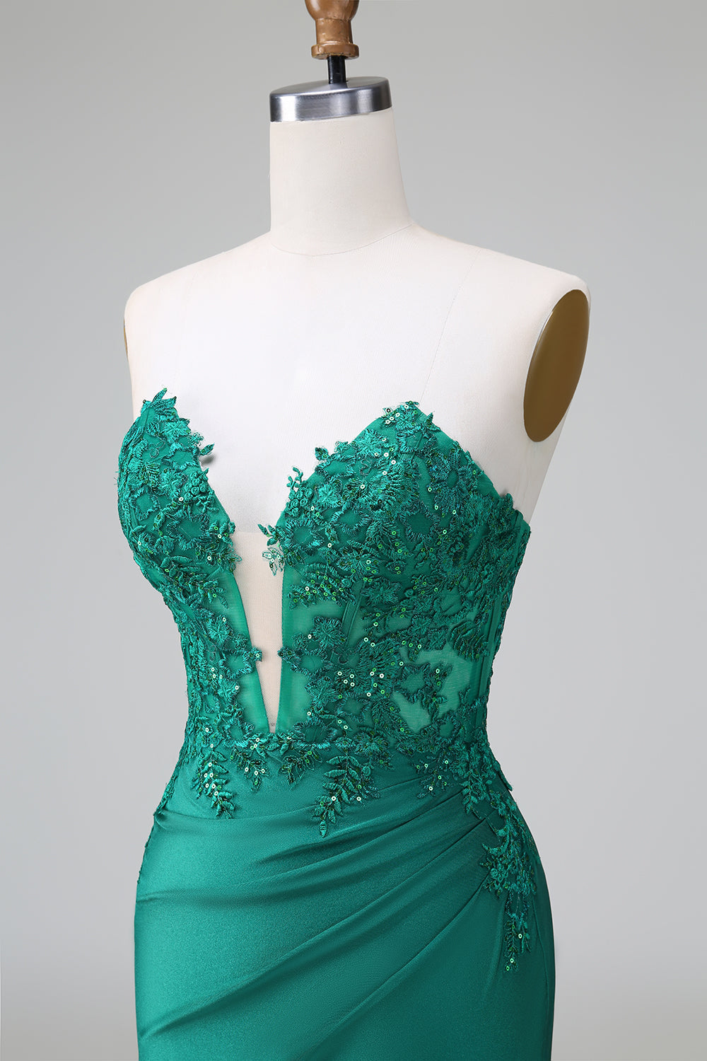 Dark Green Tight Deep V Neck Satin Strapless Short Homecoming Dress with Appliques