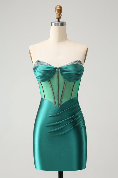 Unique Sparkly Dark Green Strapless Corset Tight Homecoming Dress with Beading