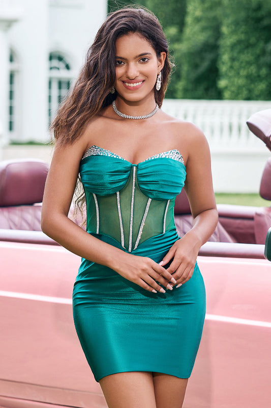 Unique Sparkly Dark Green Strapless Corset Tight Homecoming Dress with Beading