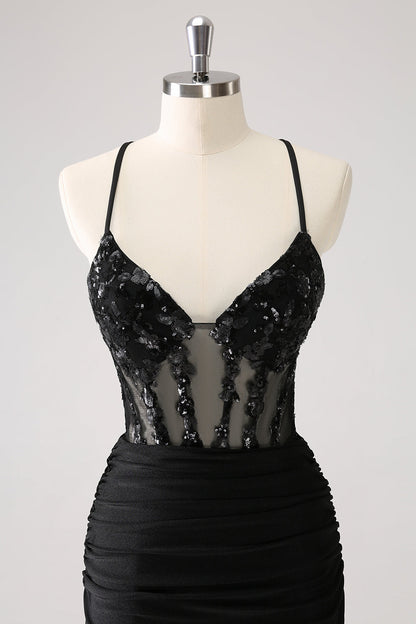 Sparkly Black Bodycon Spaghetti Corset Short Homecoming Dress with Lace Up Back