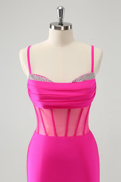 Glitter Fuchsia Spaghetti Straps Tight Corset Homecoming Dress with Beading