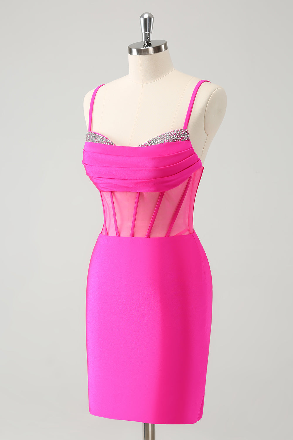 Glitter Fuchsia Spaghetti Straps Tight Corset Homecoming Dress with Beading