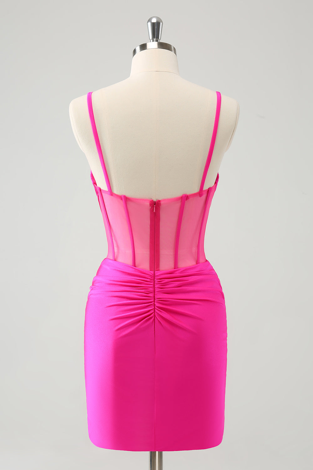 Glitter Fuchsia Spaghetti Straps Tight Corset Homecoming Dress with Beading