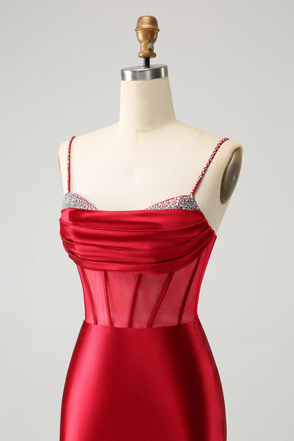 Glitter Dark Red Beaded Corset Satin Unique Tight Short Homecoming Dress