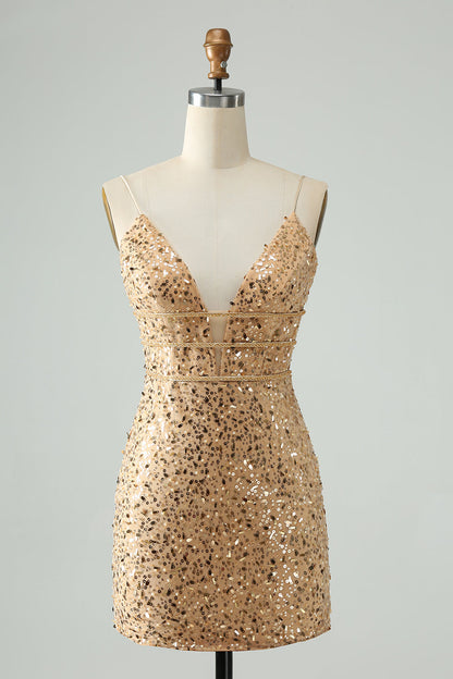 Unique Sparkly Golden Tight Spaghetti Strap Short Homecoming Dress with Sequins