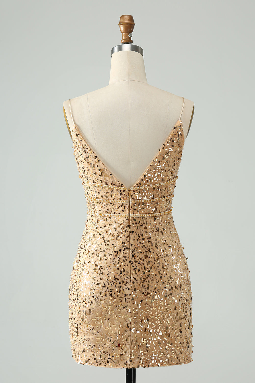 Unique Sparkly Golden Tight Spaghetti Strap Short Homecoming Dress with Sequins