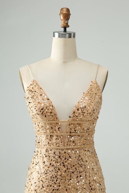 Unique Sparkly Golden Tight Spaghetti Strap Short Homecoming Dress with Sequins