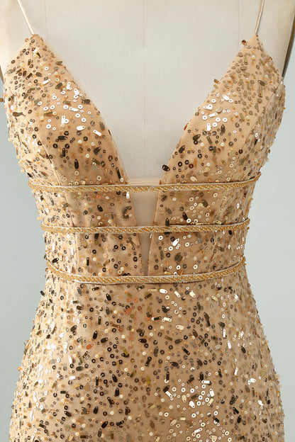 Unique Sparkly Golden Tight Spaghetti Strap Short Homecoming Dress with Sequins