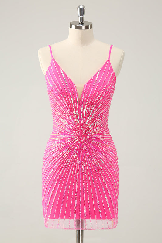 Hot Pink Spaghetti Straps Tight Short Backless Homecoming Dress with Sequins