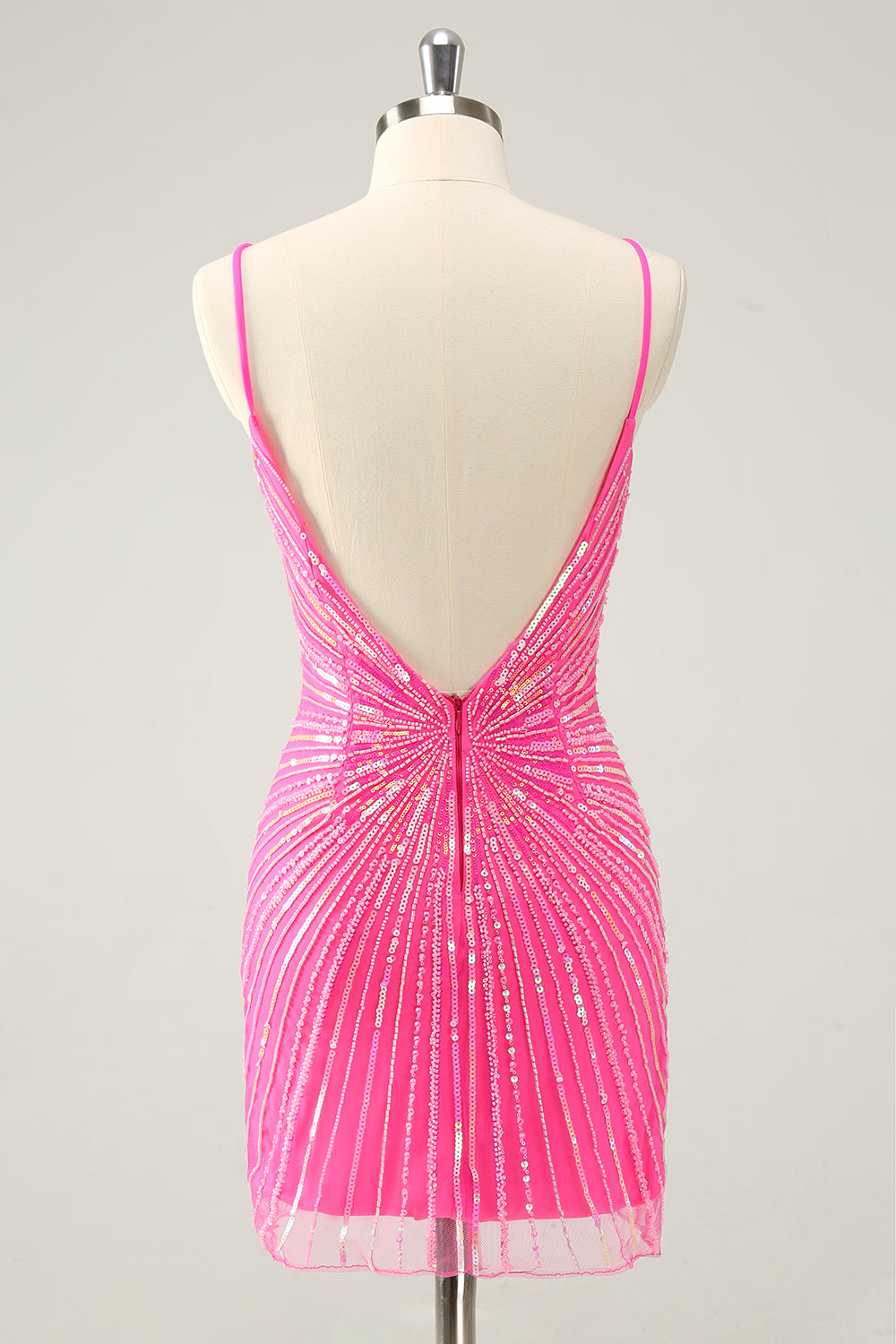 Hot Pink Spaghetti Straps Tight Short Backless Homecoming Dress with Sequins