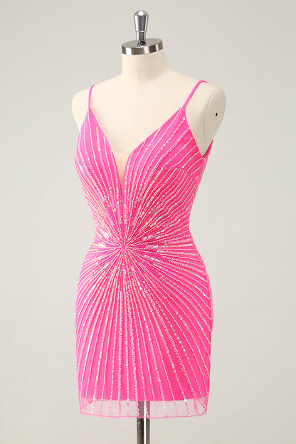 Hot Pink Spaghetti Straps Tight Short Backless Homecoming Dress with Sequins