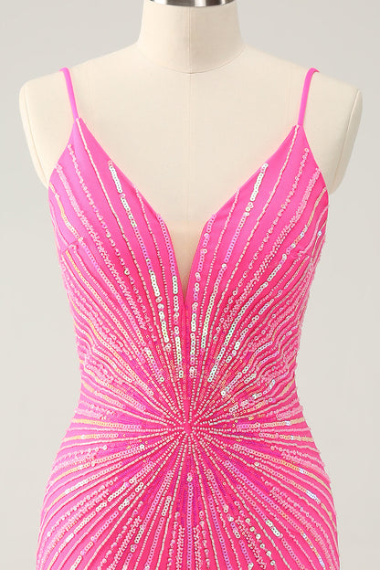 Hot Pink Spaghetti Straps Tight Short Backless Homecoming Dress with Sequins