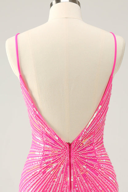 Hot Pink Spaghetti Straps Tight Short Backless Homecoming Dress with Sequins