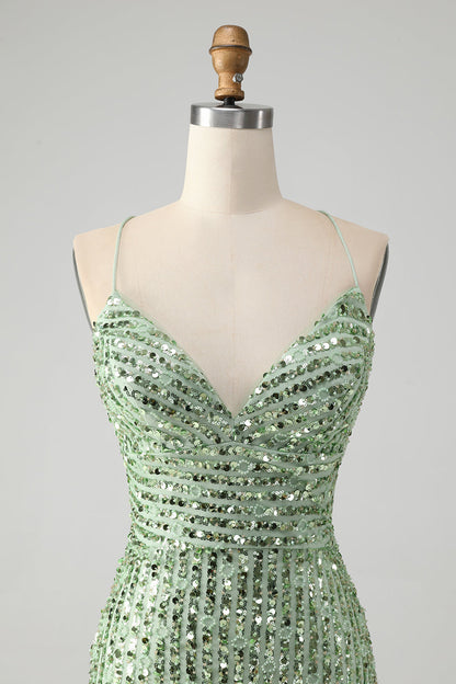 Unique Sparkly Green Tight Sequins Short Homecoming Dress with Lace Up Back