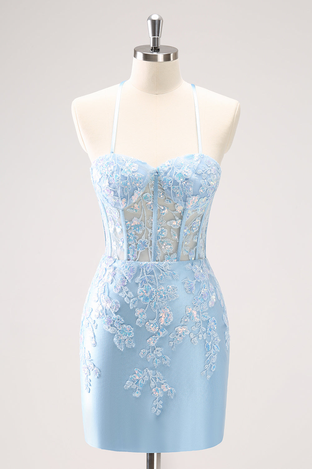 Blue Spaghetti Straps Corset Applique Tight Homecoming Dress with Sequins