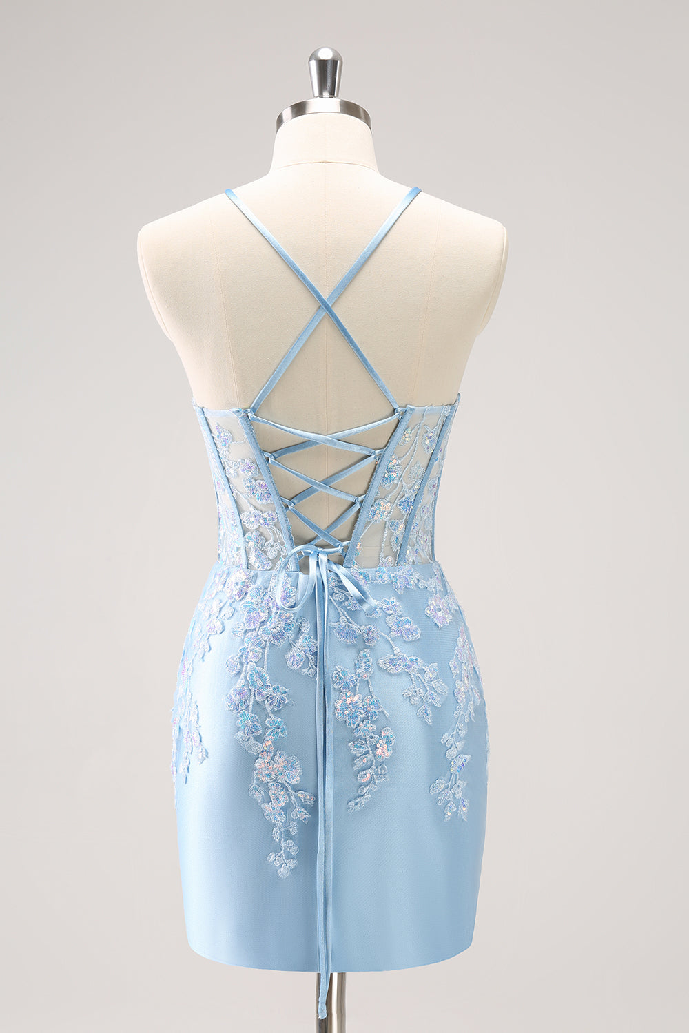 Blue Spaghetti Straps Corset Applique Tight Homecoming Dress with Sequins