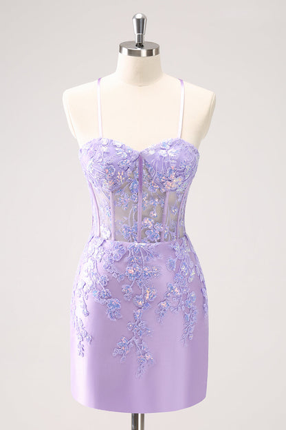 Blue Spaghetti Straps Corset Applique Tight Homecoming Dress with Sequins