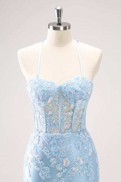 Blue Spaghetti Straps Corset Applique Tight Homecoming Dress with Sequins