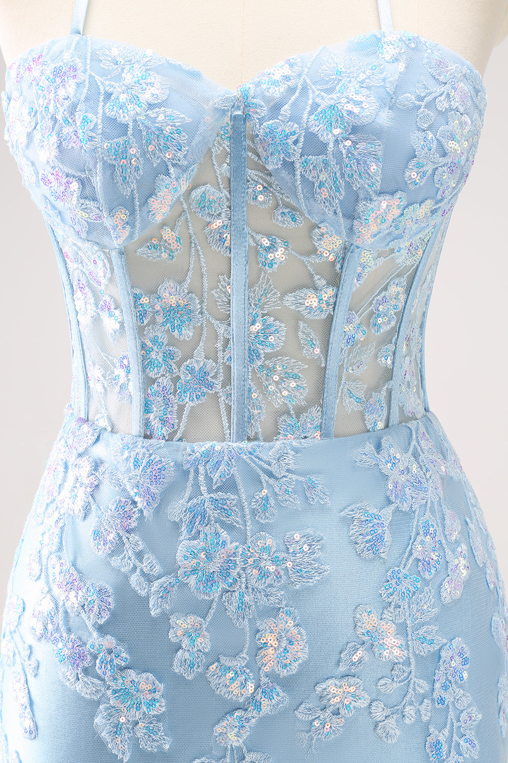 Blue Spaghetti Straps Corset Applique Tight Homecoming Dress with Sequins