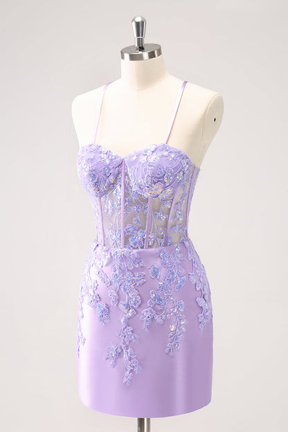 Blue Spaghetti Straps Corset Applique Tight Homecoming Dress with Sequins