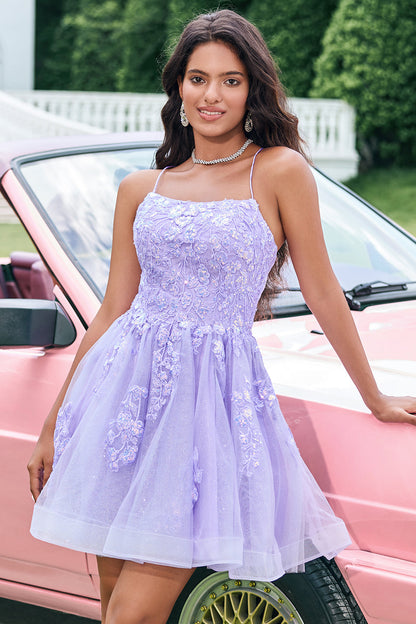 Cute Glitter Lilac A Line Sequins Short Lace Up Back Homecoming Dress with Appliques