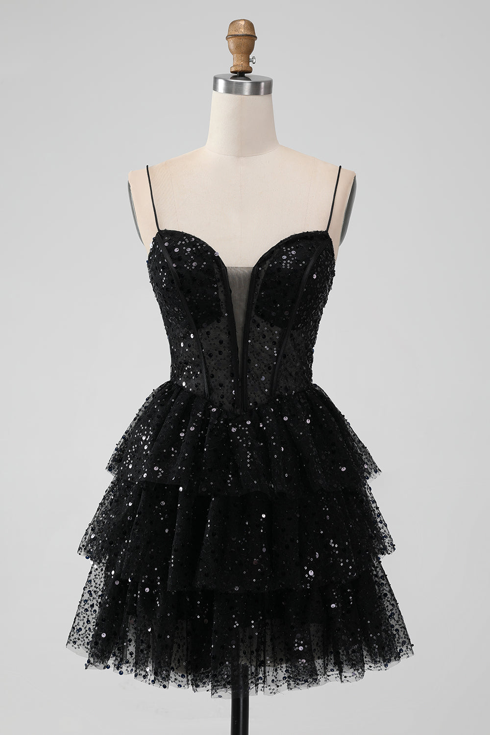 Sparkly Black Spaghetti Straps Tiered Homecoming Dress with Sequins