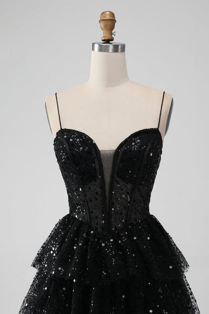 Sparkly Black Spaghetti Straps Tiered Homecoming Dress with Sequins