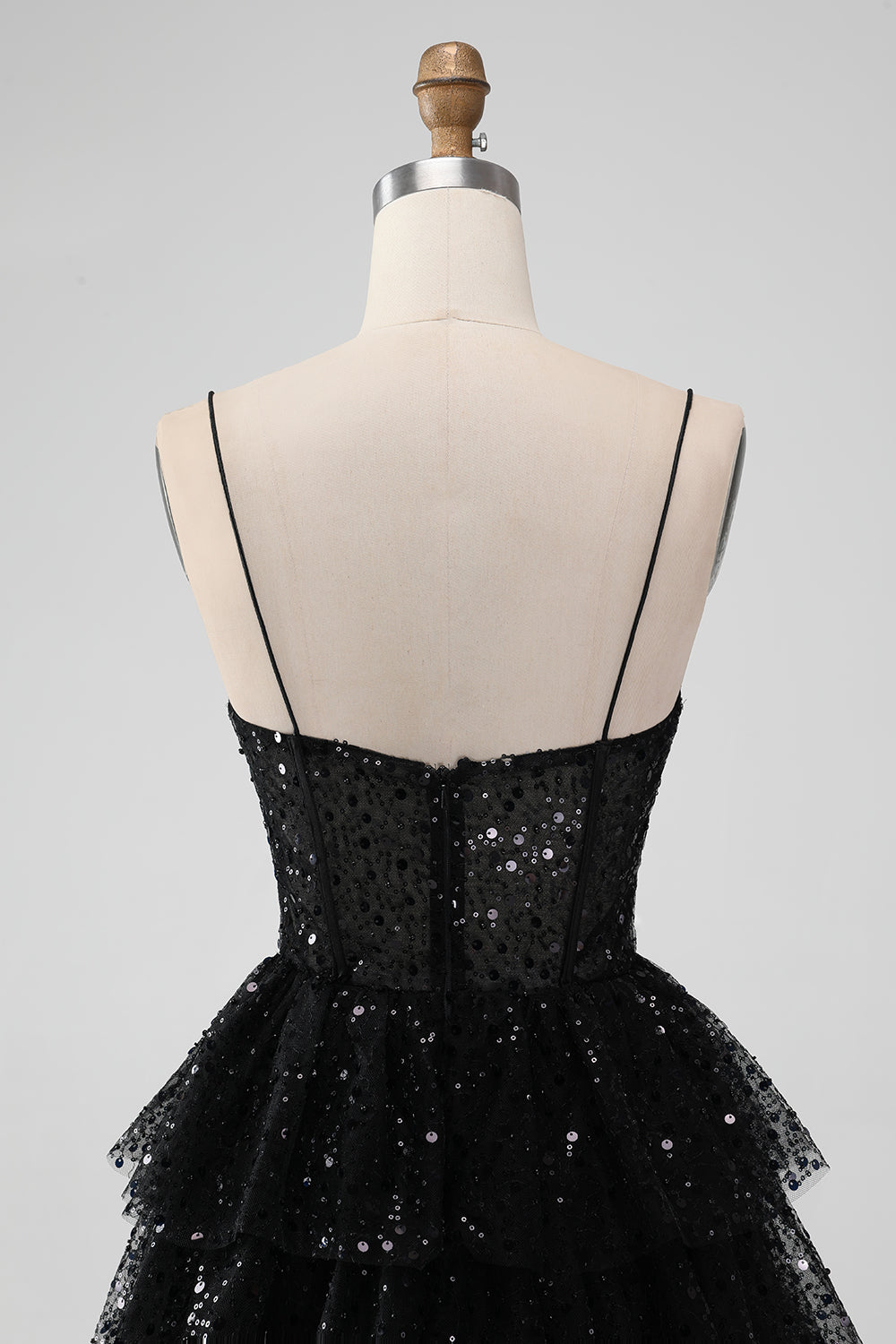 Sparkly Black Spaghetti Straps Tiered Homecoming Dress with Sequins