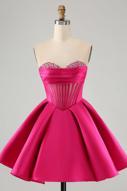 Cute Fuchsia A Line Sweetheart Corset Homecoming Dress with Beading