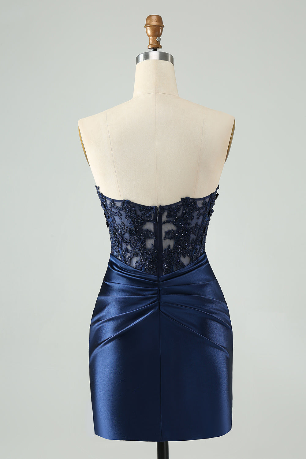 Unique Sparkly Navy Bodycon Strapless Hollow Out Homecoming Dress with Lace