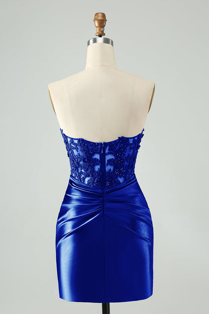 Sparkly Royal Blue Bodycon Strapless Hollow Out Homecoming Dress with Lace