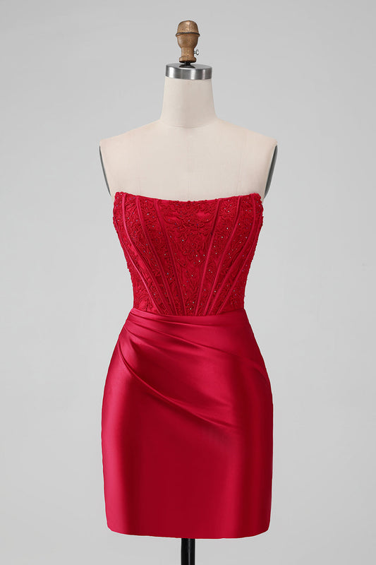 Sparkly Red Strapless Bodycon Short Homecoming Dress with Lace