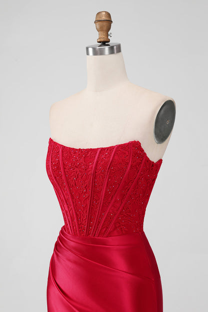 Sparkly Red Strapless Bodycon Short Homecoming Dress with Lace