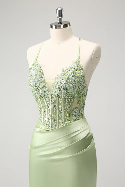 Glitter Green Spaghetti Straps Beaded Appliques Tight Corset Homecoming Dress