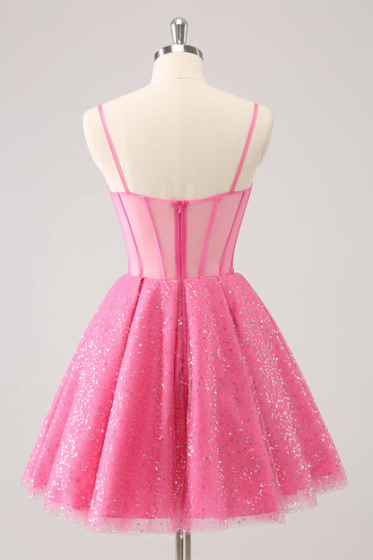 Pink A-Line Spaghetti Straps Corset Cocktail Dress with Sequins